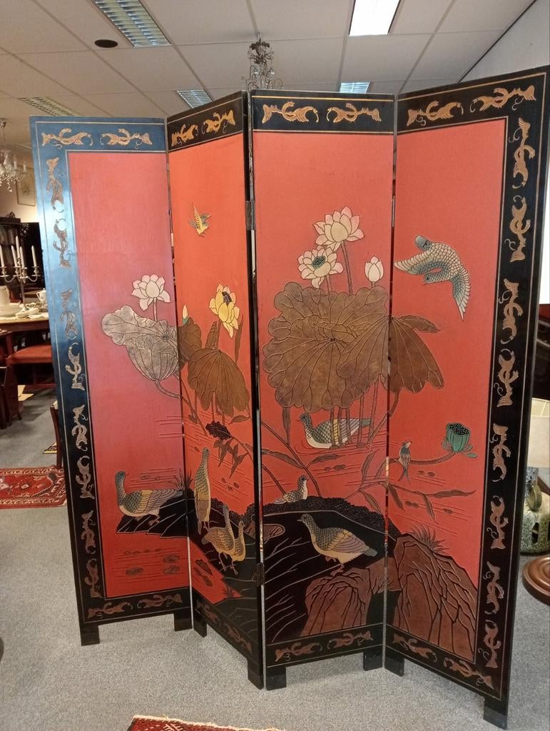 Prachtig Chinees kamerscherm met vogel- en lotusmotief, Ophalen of Verzenden, China, China, China