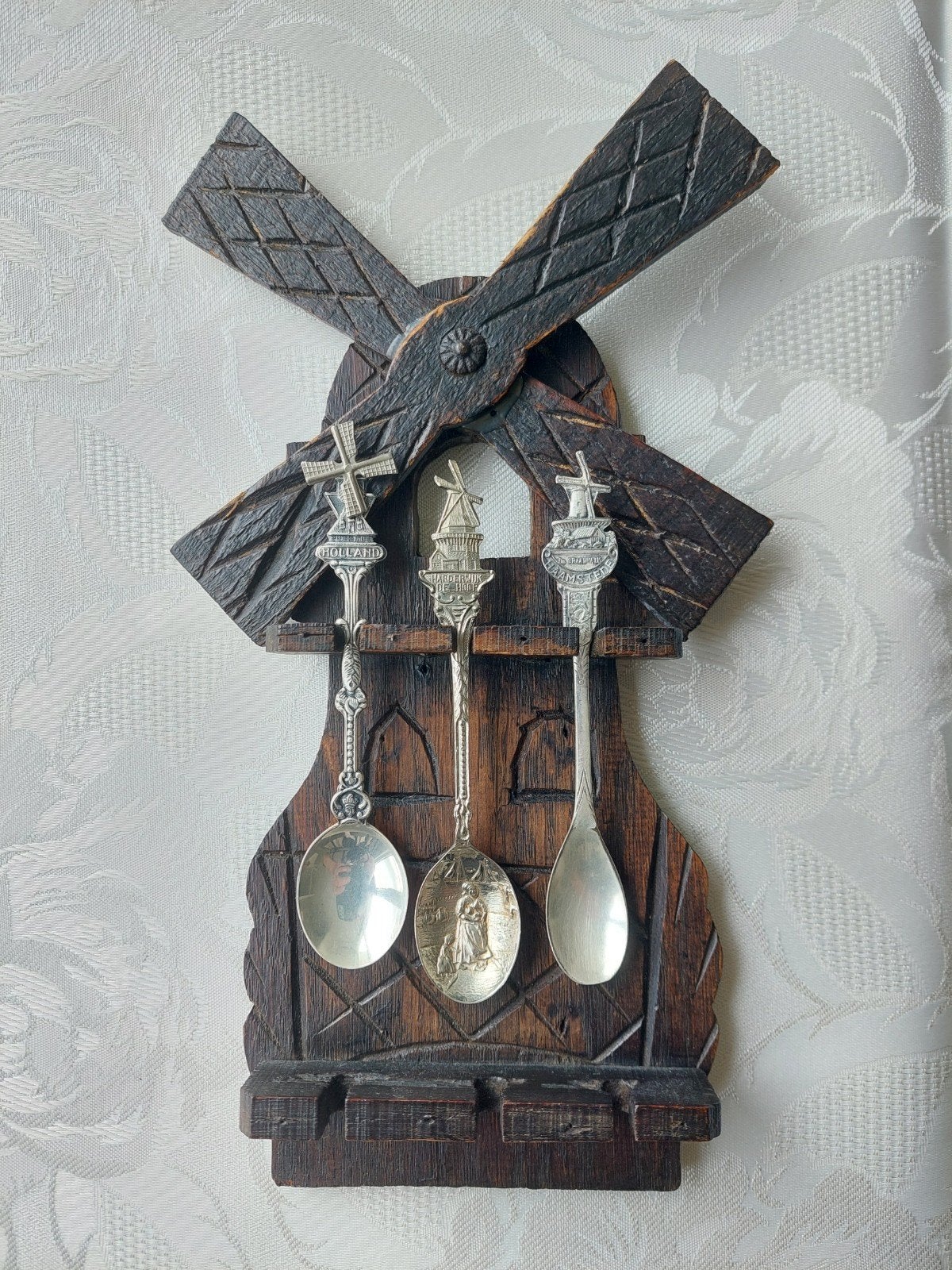 Antieke verzilverde molen lepeltjes met houten lepeltjesrek, Ophalen of Verzenden