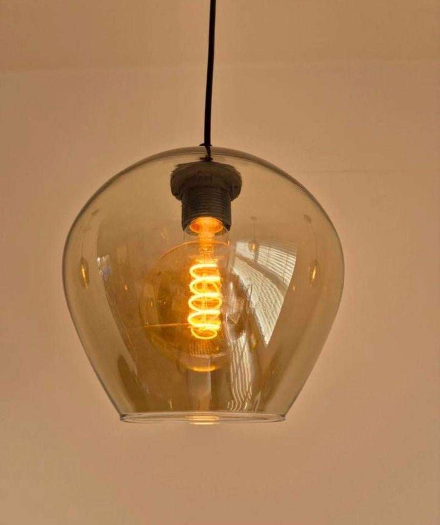 5x Hanglampen met amberkleurig glas en LED filament lampen, Ophalen, Zo goed als nieuw, 75 cm of meer, Glas