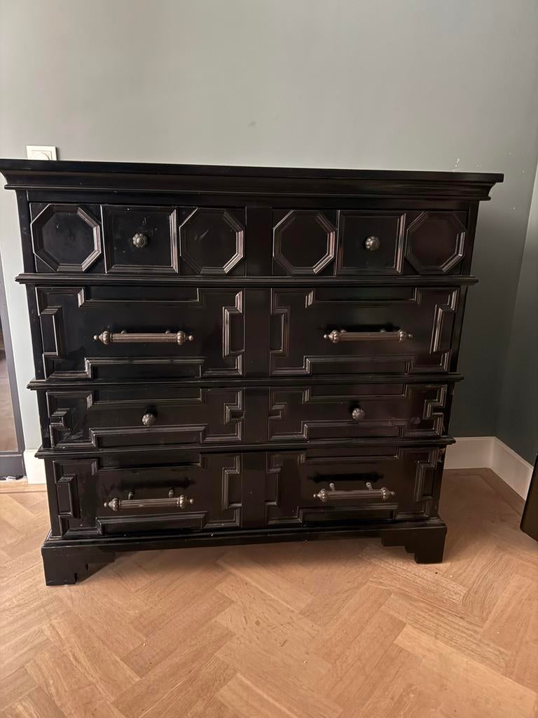 Eichholtz design ladekast / dressoir zwart hoogglans, Ophalen, 100 tot 150 cm, 5 laden of meer, 100 tot 150 cm