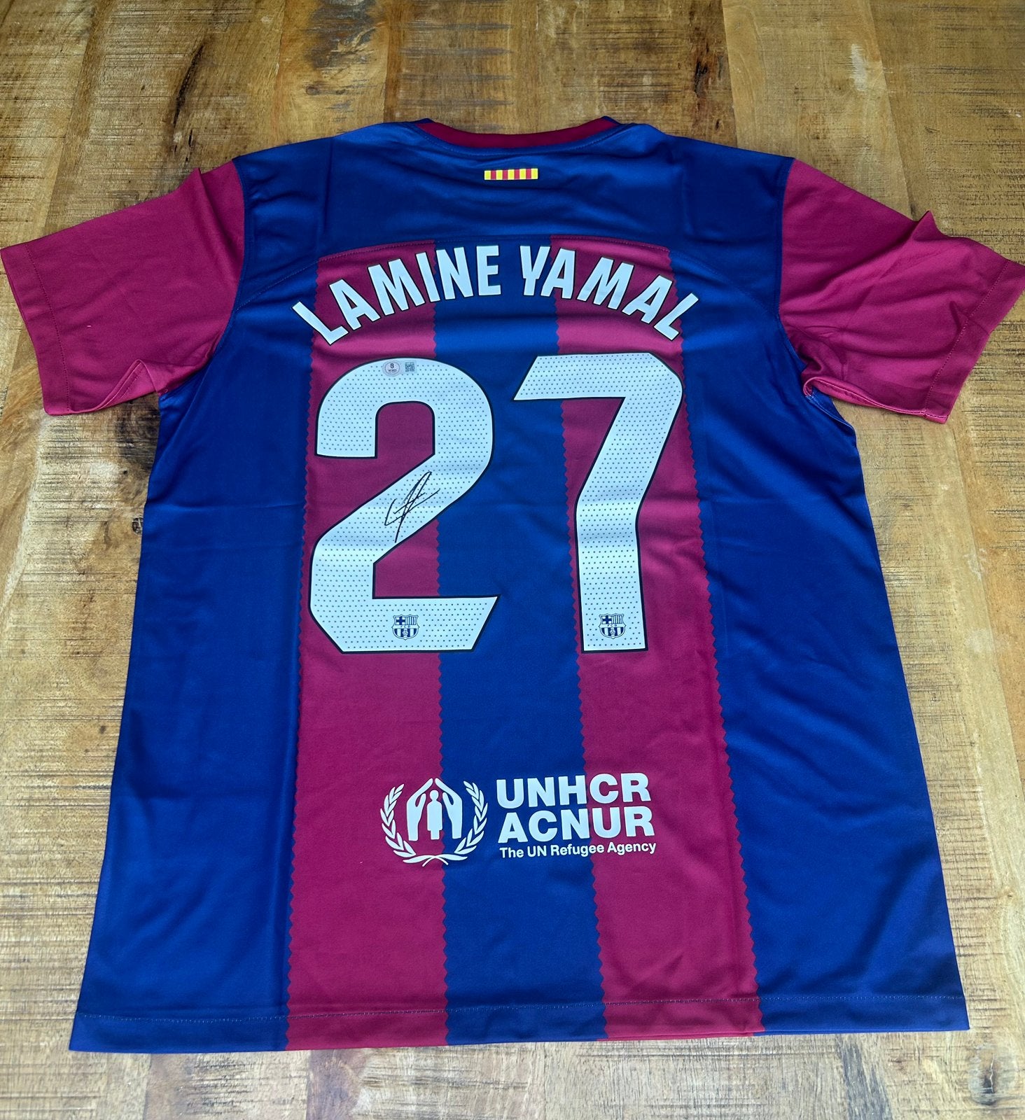 Gesigneerd shirt Lanine Yamal Barcelona Beckett, Ophalen of Verzenden, Zo goed als nieuw, Buitenlandse clubs, Shirt