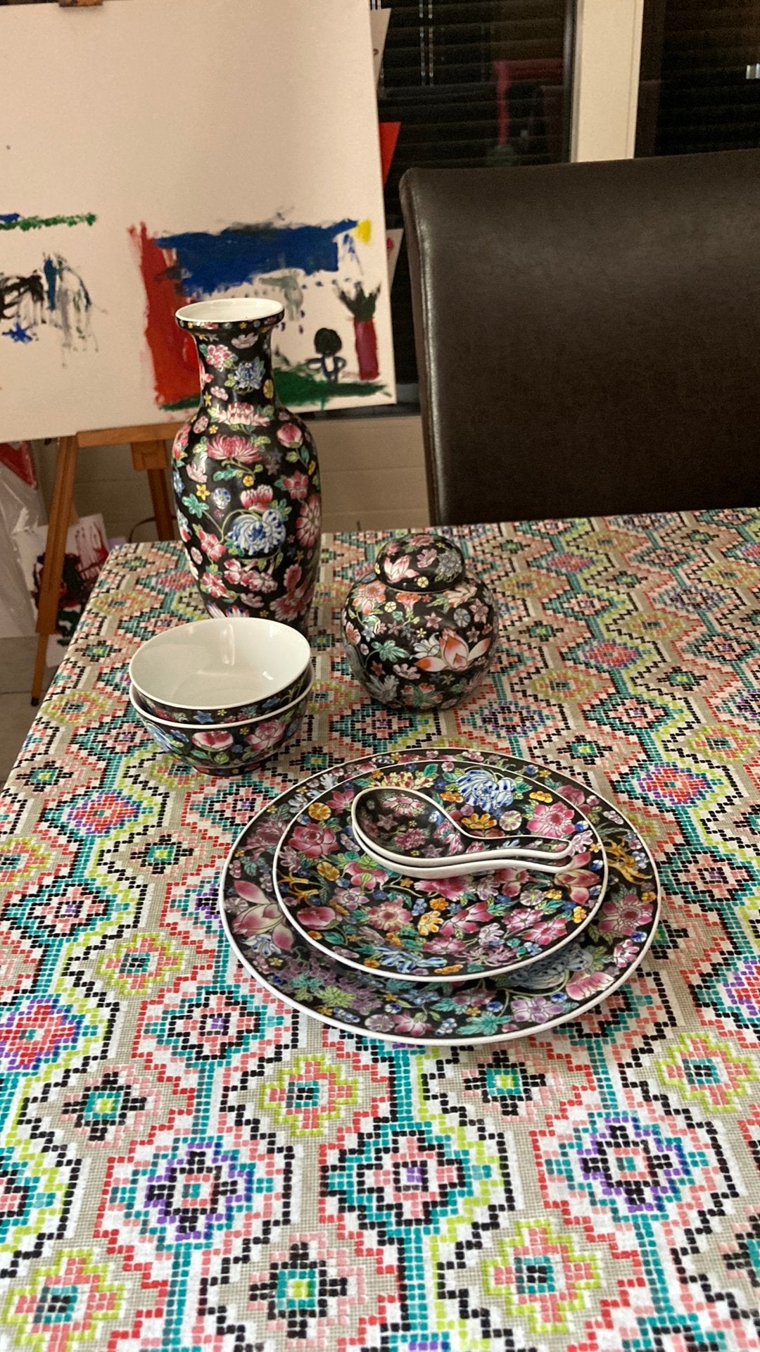 China | Famille Noire Millefleurs servies | vintage | 8 dlg, Ophalen of Verzenden