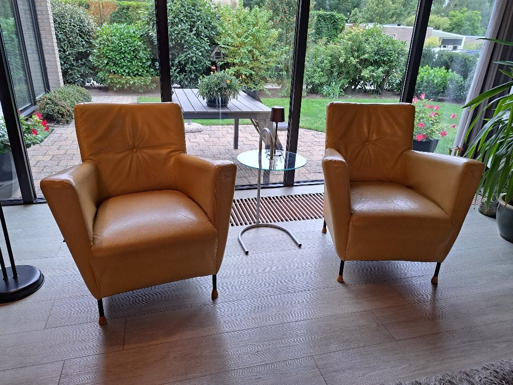 Kuipstoelen Design (2st) geel leer, Gebruikt, Minder dan 75 cm, 75 tot 100 cm, Modern