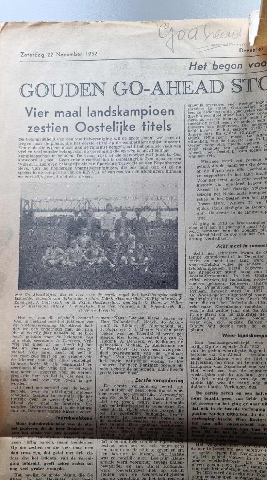 Krantenpagina Go Ahead (1952), Ophalen of Verzenden, Gebruikt, Overige binnenlandse clubs, Poster, Plaatje of Sticker