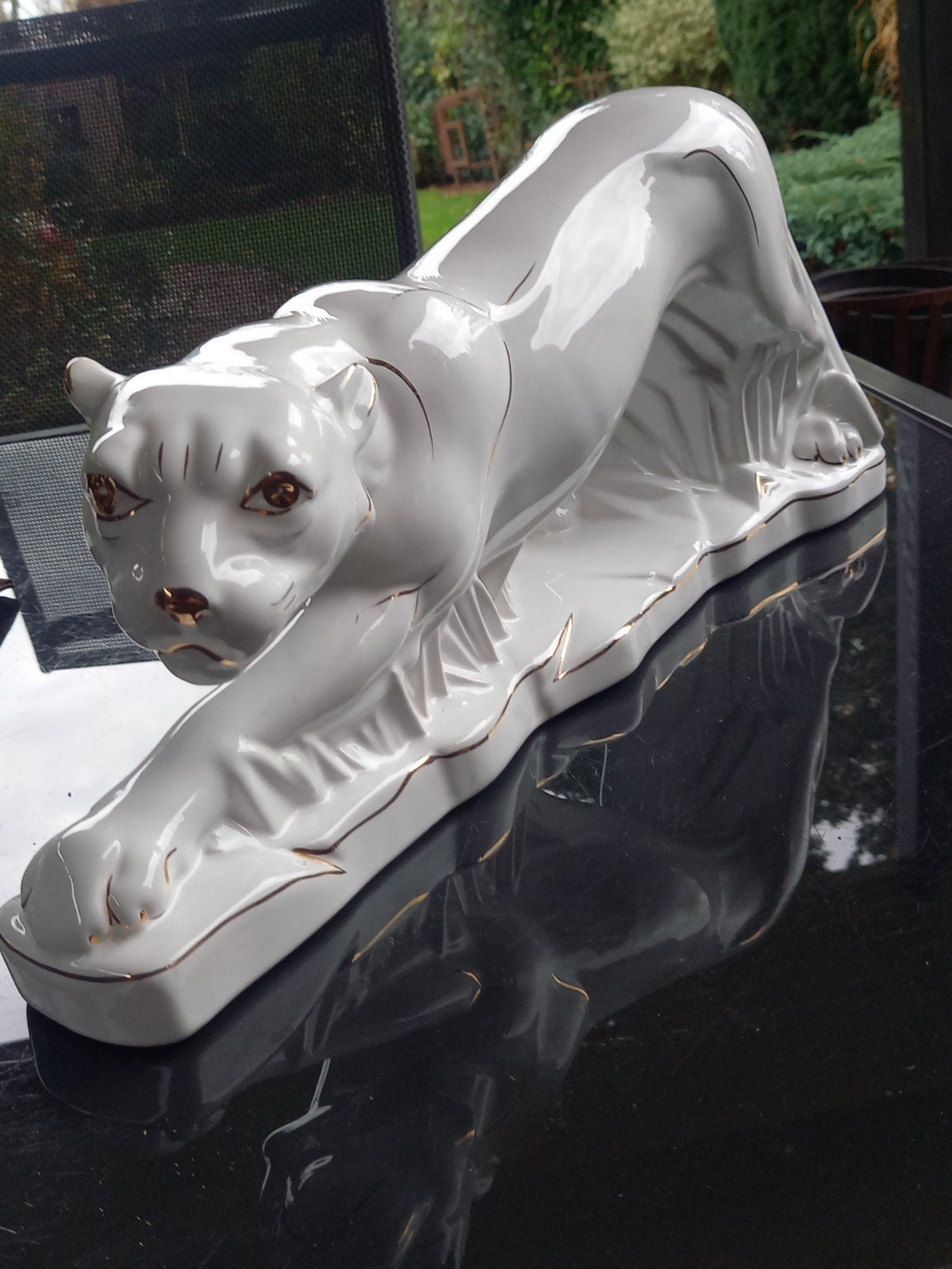PRACHTIGE WITTE PORSELEINEN PANTER MET GOUDEN BIES. 50 cm8, Ophalen of Verzenden