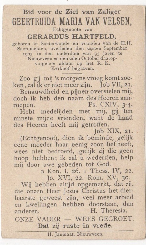 Geertruida M. van Velsen 1872 Zoeterwoude + 1905 Nieuwveen, Verzenden