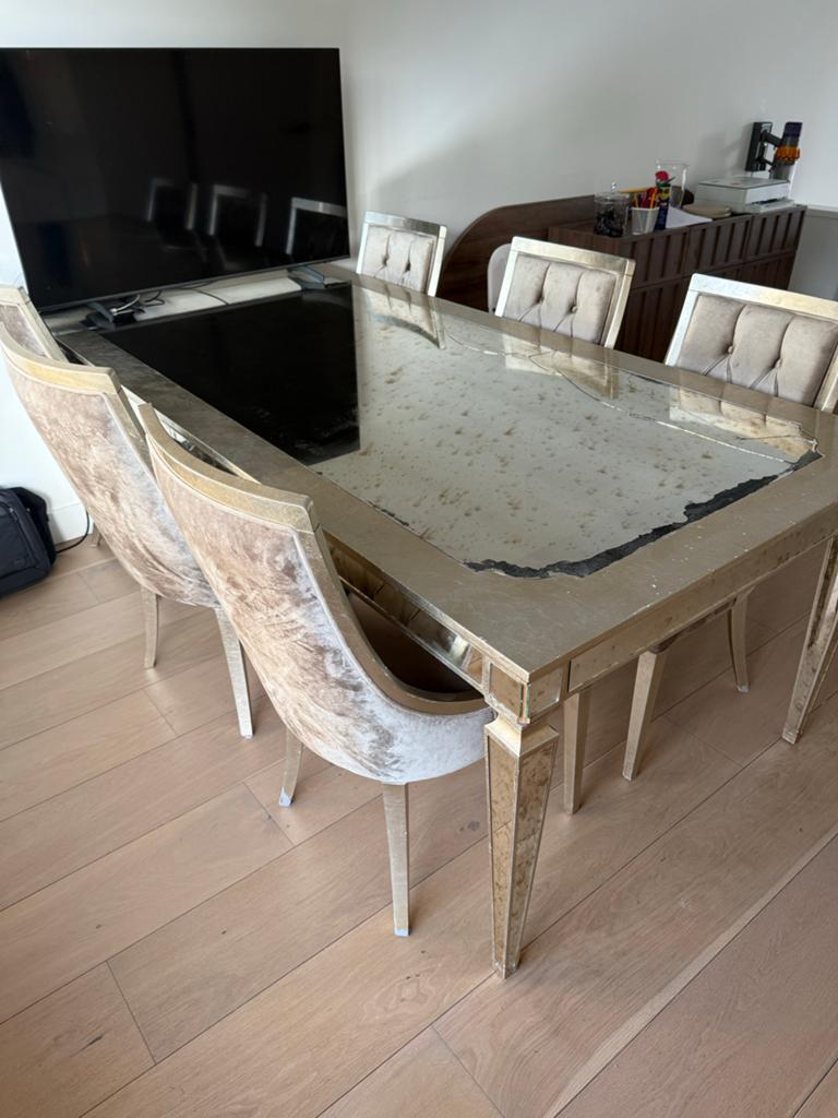 Grote spiegel eettafel met 6 stoelen - 220x110 cm, Ophalen, Gebruikt, 100 tot 150 cm, 200 cm of meer