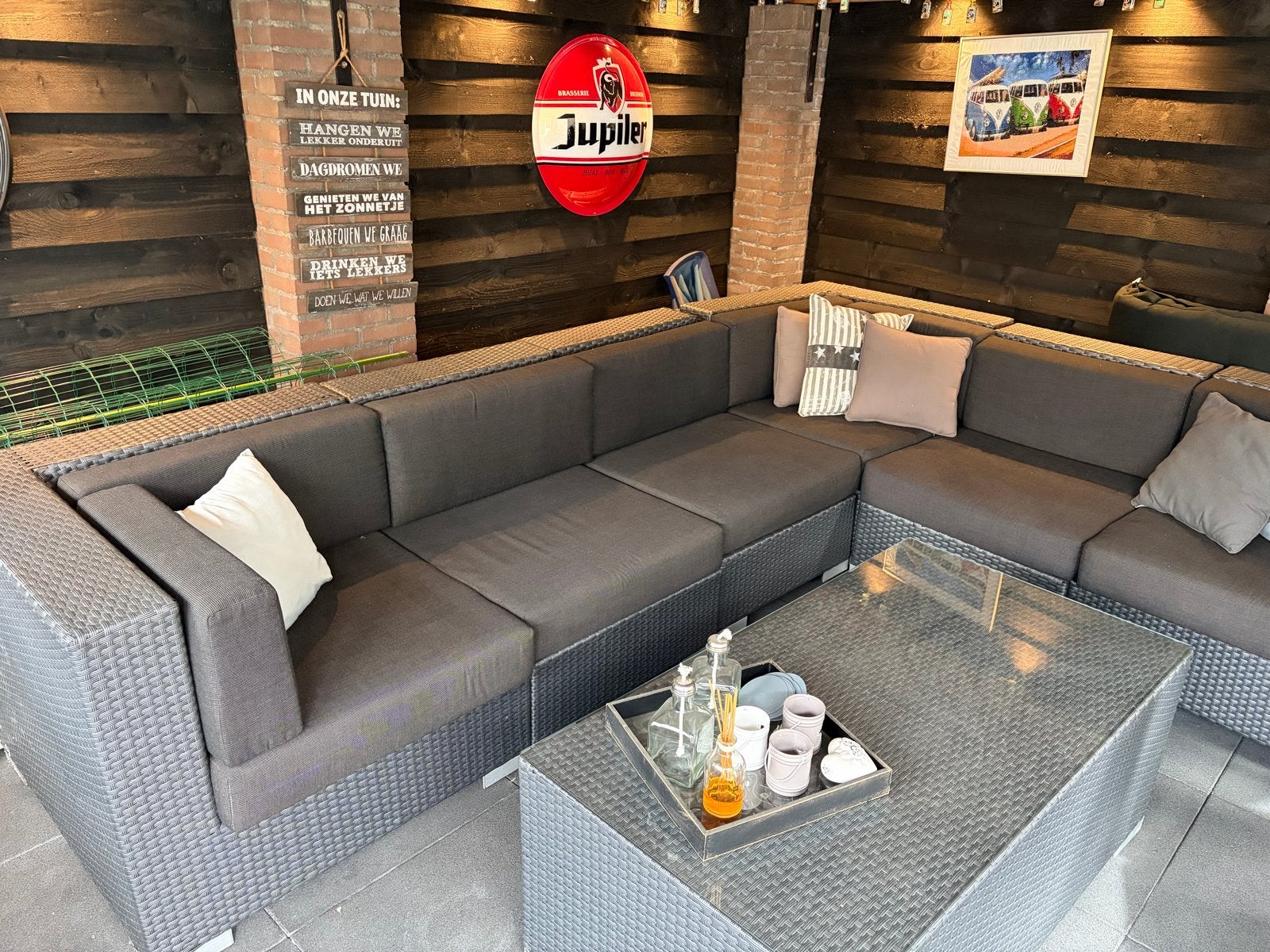 Luxe Wicker Loungeset met Glazen Salontafel, Tuin en Terras, Ophalen, Gebruikt, Meer dan 8 zitplaatsen, Loungeset