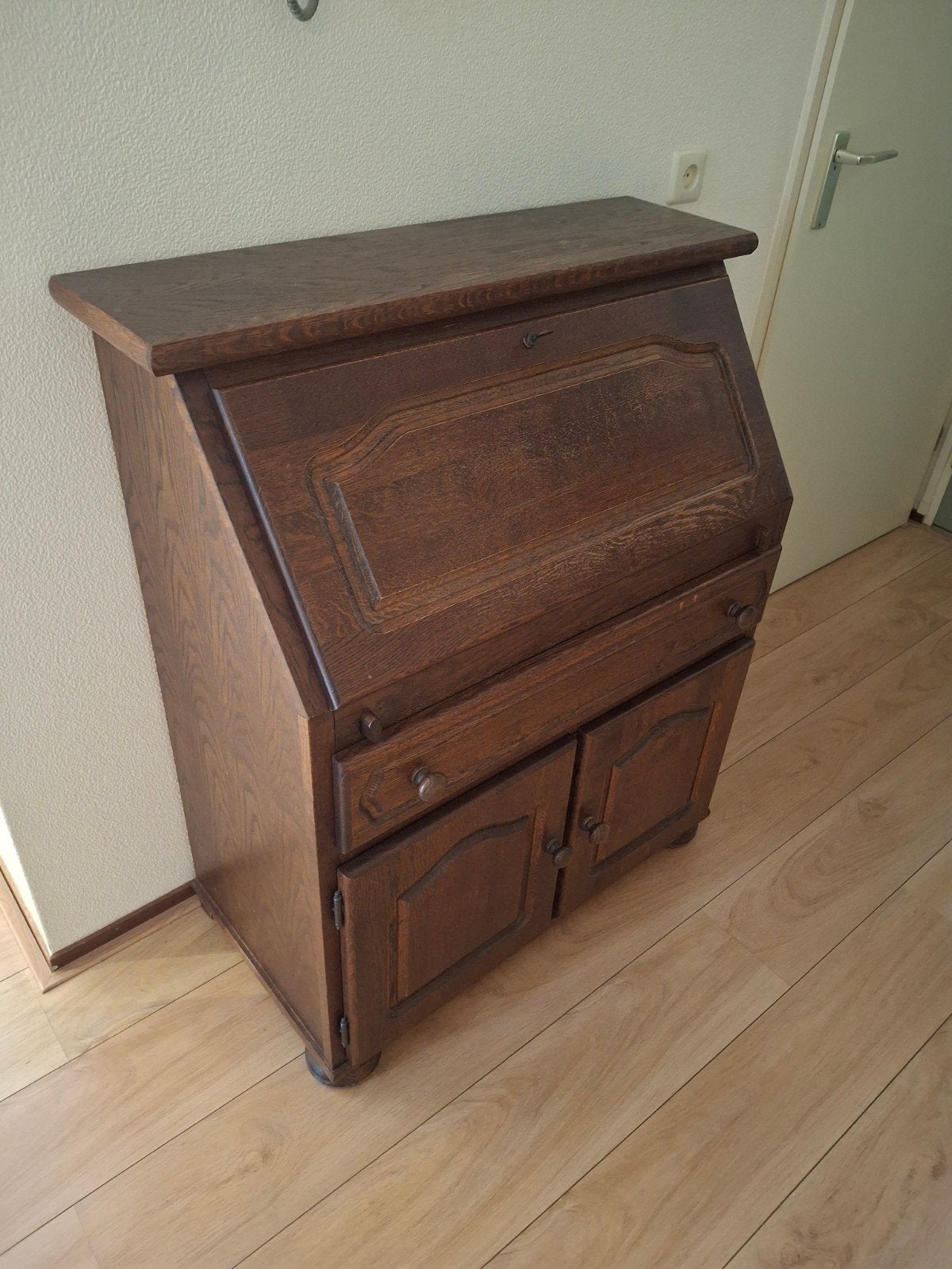 Antiek eikenhouten secretaire met groen vilt, Antiek en Kunst, Ophalen