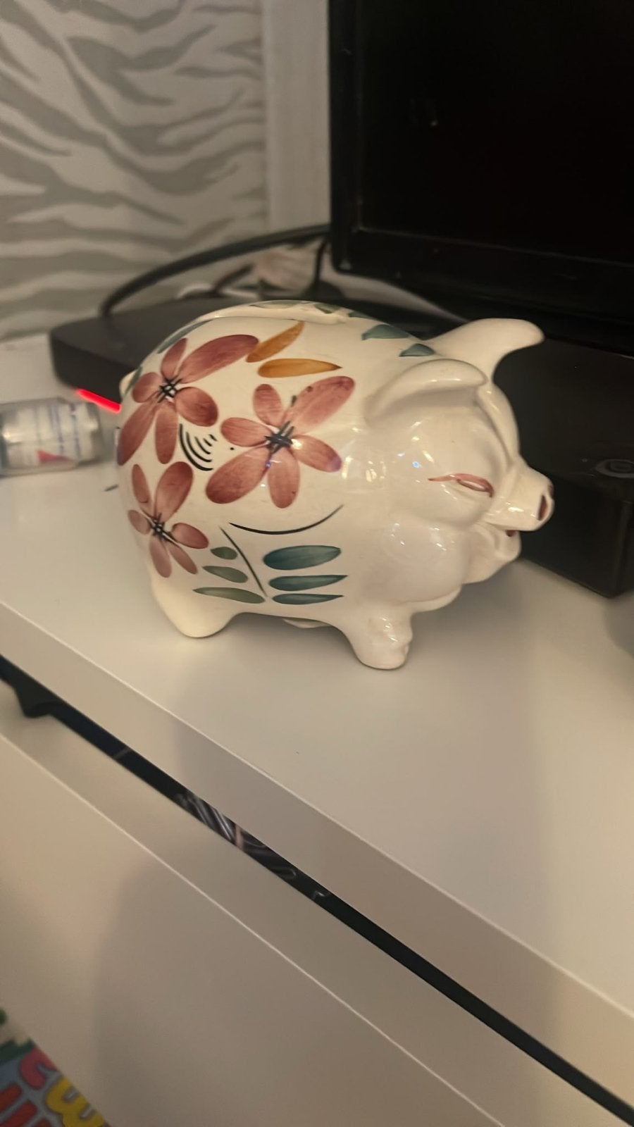 Vintage spaarvarken met bloemmotief, Ophalen of Verzenden, Gebruikt, Steen, Aardewerk of Keramiek, Dier