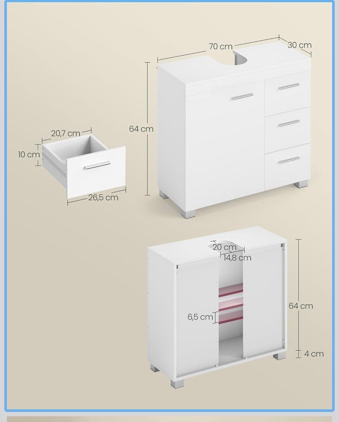 Nieuwe Witte Wastafelonderkast met Lades en Deur, Huis en Inrichting, Nieuw, Minder dan 100 cm, Wastafelkast, 25 tot 50 cm