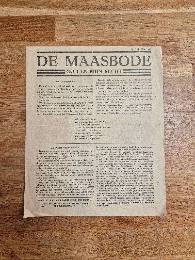 Wo2 illegale pers verzetskrant Maasbode, December 1943, Ophalen of Verzenden, Nederland, Overige typen