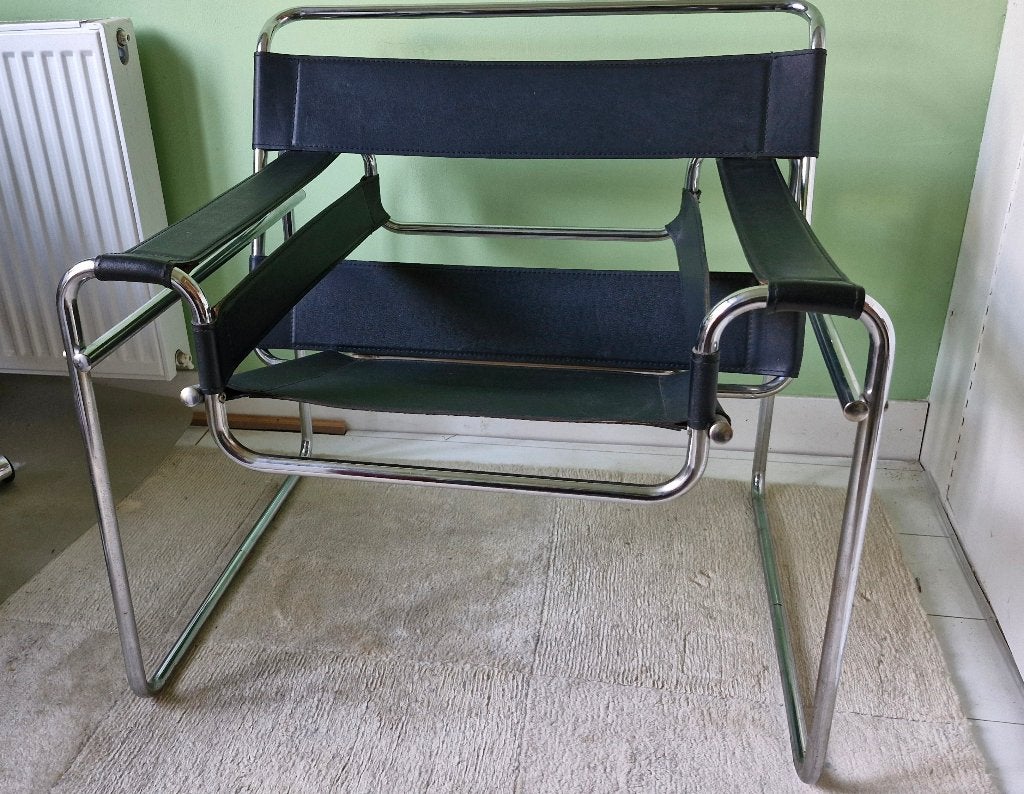 Vintage Wassily Chair / Marcel Breuer Fauteuil -replica, Gebruikt, 75 tot 100 cm, 75 tot 100 cm, Leer