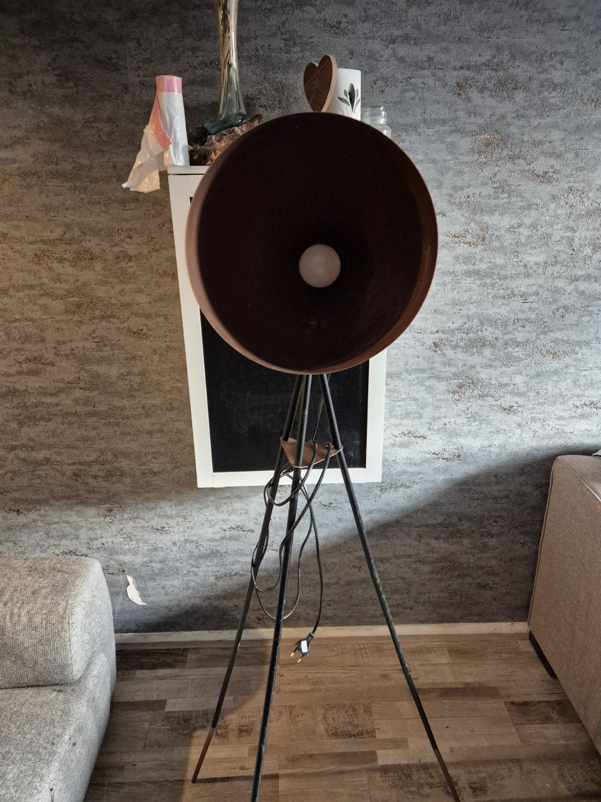 Staande lamp zwart met koperen accenten, Ophalen, Metaal, E27 (groot), 150 tot 200 cm