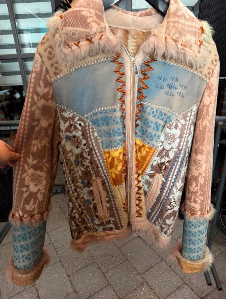 Multicolor vintage Lammy Jas van Lamsleer met bontkraag, Ophalen of Verzenden, Zo goed als nieuw, Maat 38/40 (M), Overige kleuren