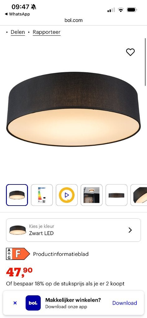 Plafondlamp, Kunststof, Zwart, Ophalen of Verzenden, Zo goed als nieuw