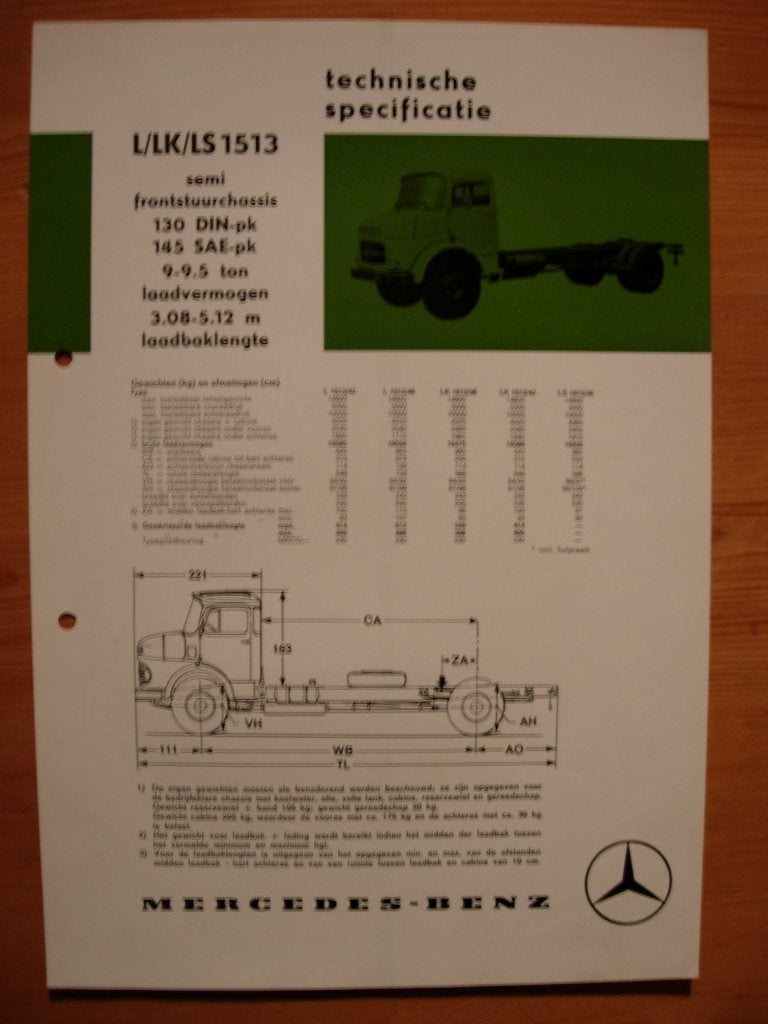 Mercedes 1513 L LK LS Torpedo 1970 Specificatie Brochure, Zo goed als nieuw, Mercedes-Benz, Mercedes, Ophalen of Verzenden