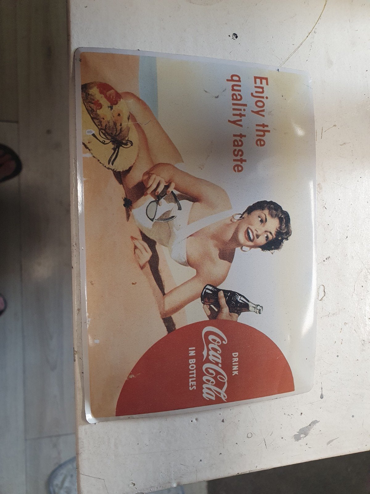 Coca cola plaat staal  vintage en krat, Ophalen, Gebruikt, Reclamebord