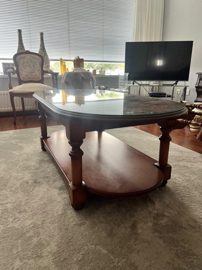Mahonie salontafel met glasplaat, Ophalen, Gebruikt, 100 tot 150 cm, 50 tot 100 cm