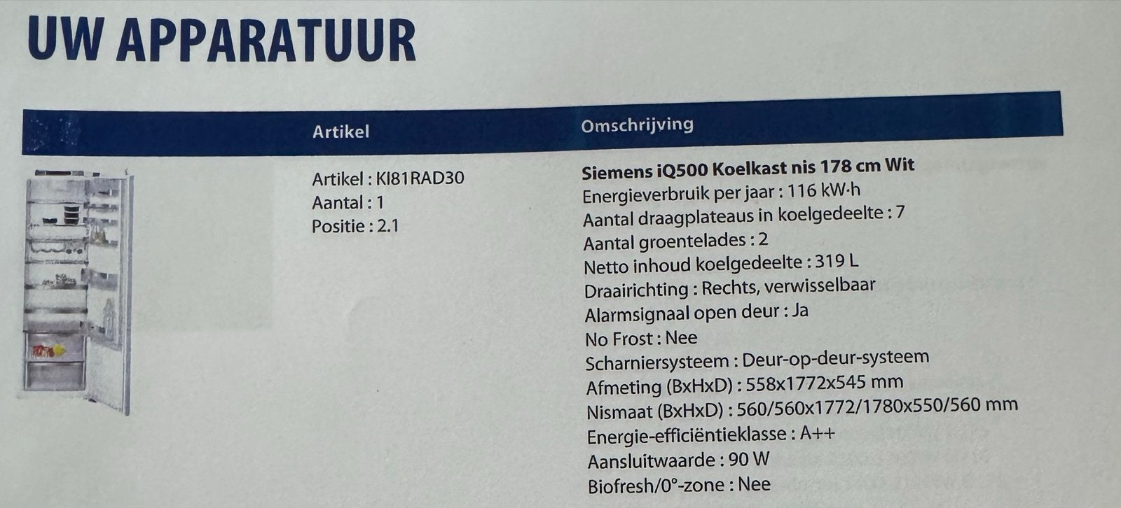 Siemens IQ500 Inbouw Koelkast - 178 cm Wit A++, Witgoed en Apparatuur, Koelkasten en IJskasten, Ophalen, Zonder vriesvak, 200 liter of meer