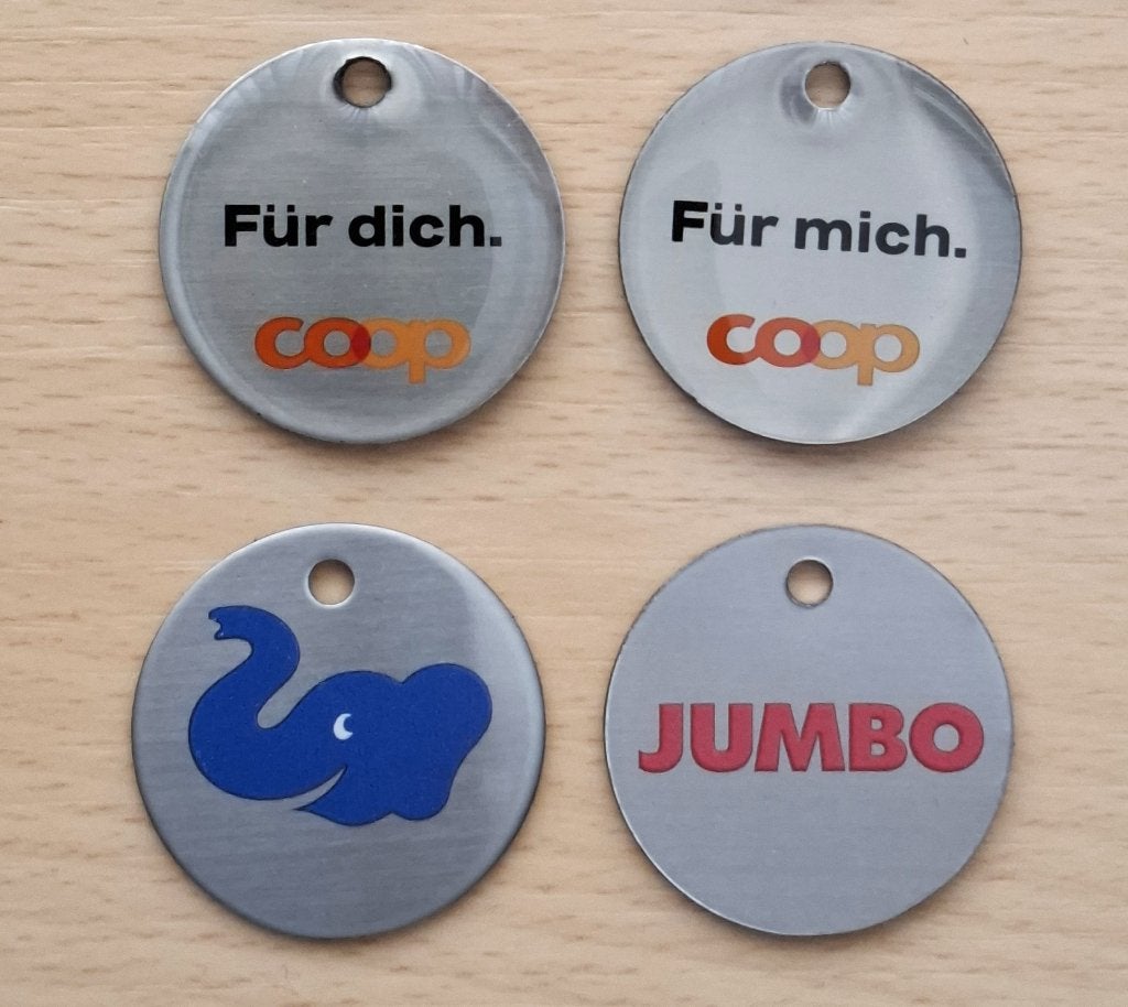 4 winkelwagenmuntjes uit Zwitserland (nieuw), Verzamelen, Winkelwagenmuntjes, Ophalen of Verzenden