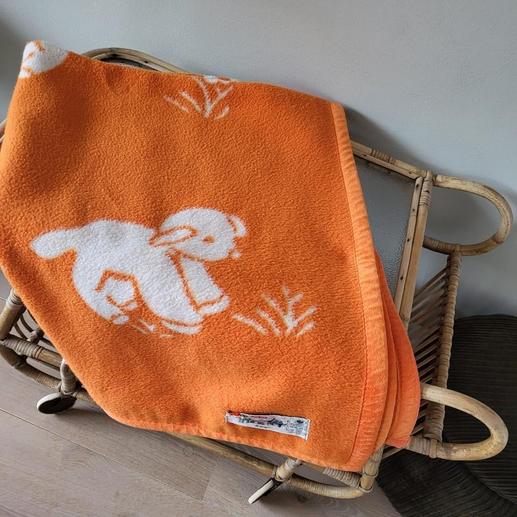 Aabe oranje retro kinderdeken dralon, Ophalen of Verzenden, Gebruikt, 100 cm of meer, Deken