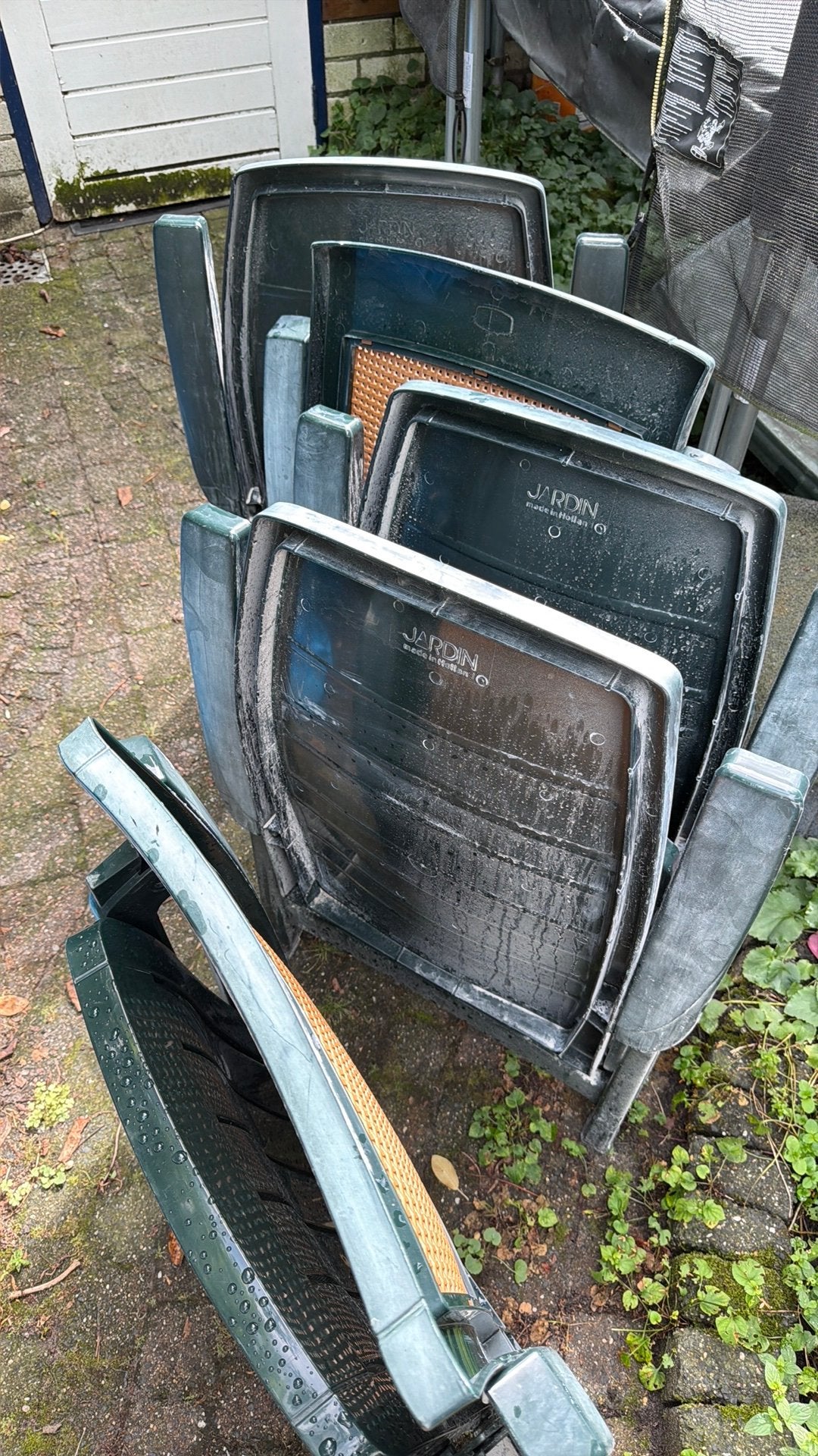 5 tuinstoelen en tafel, Ophalen, Gebruikt, Kunststof, Verstelbaar