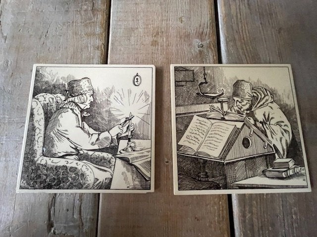 2 x vintage tegel. Verlichting in vroege tijden. Bruin wit., Ophalen