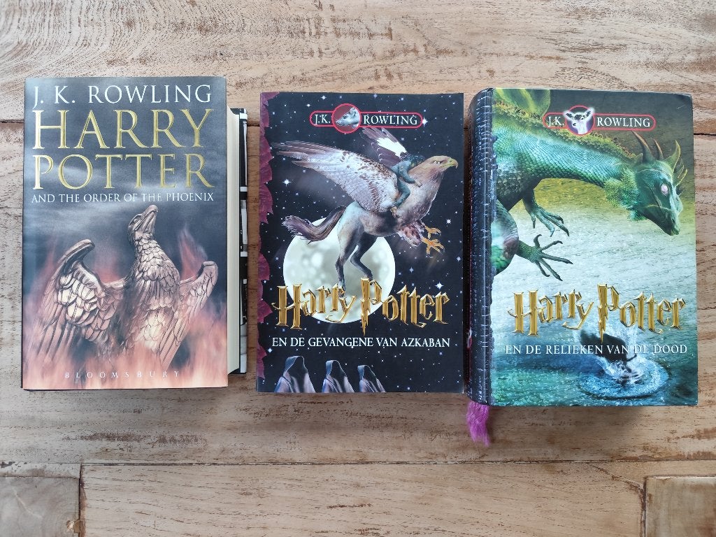 3 Harry Potter boeken: Phoenix, Azkaban, Relieken, Verzamelen, Ophalen of Verzenden, Zo goed als nieuw, Boek of Poster
