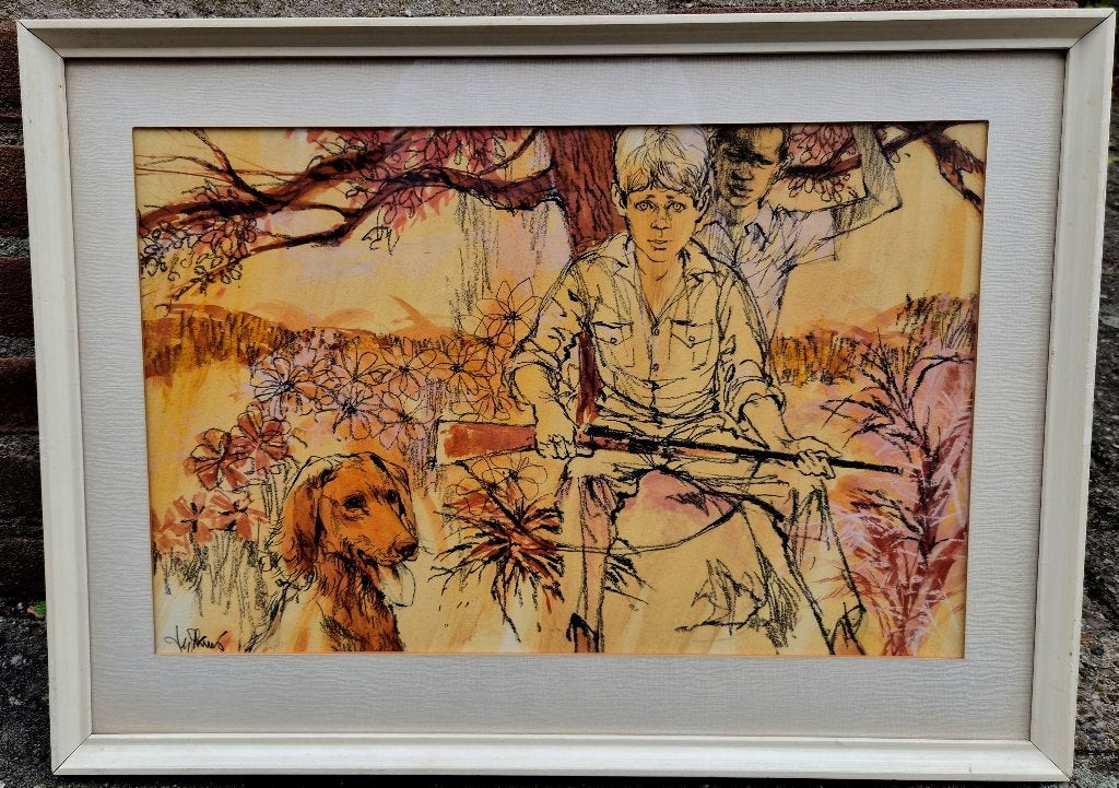 ~1960 Jonge jagers met zijn hond. Zuid Africa? aquarel, Portret of Personen, Gesigneerd, Impressionistisch, Ophalen of Verzenden