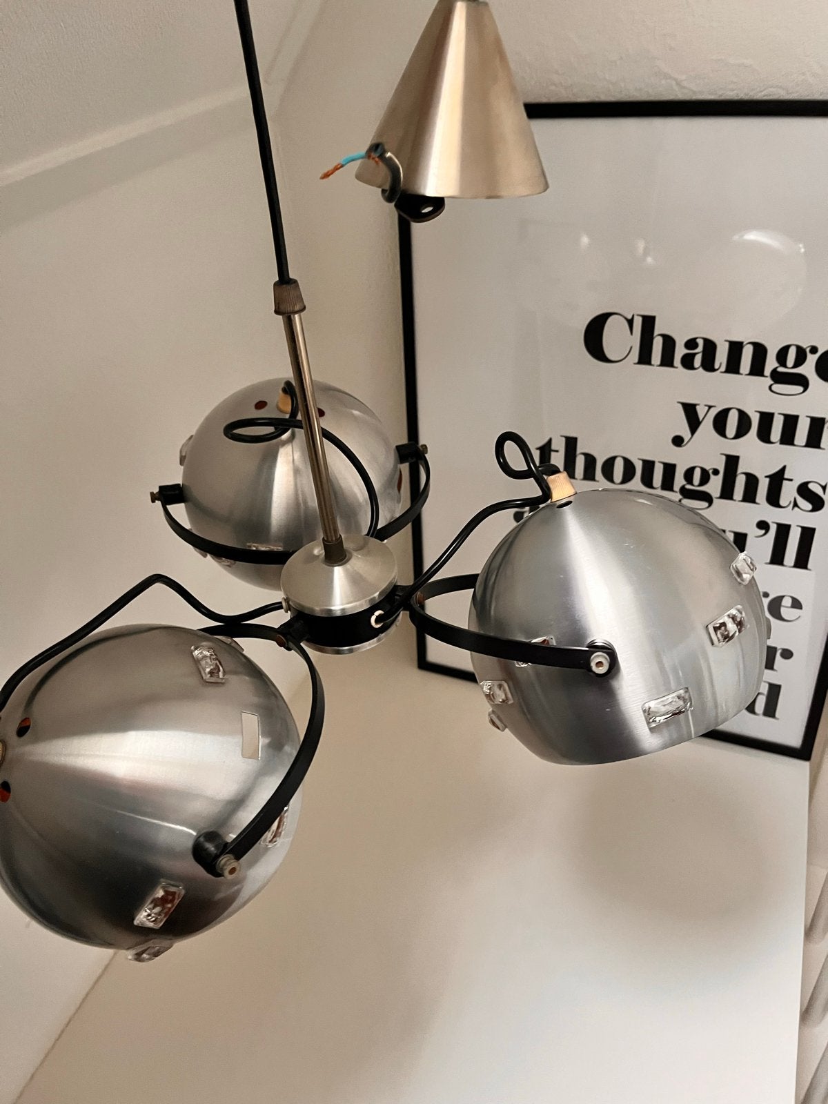 Retro hanglamp met 3 bollen - Vintage staat, Ophalen, Gebruikt, Metaal, E27 (groot)