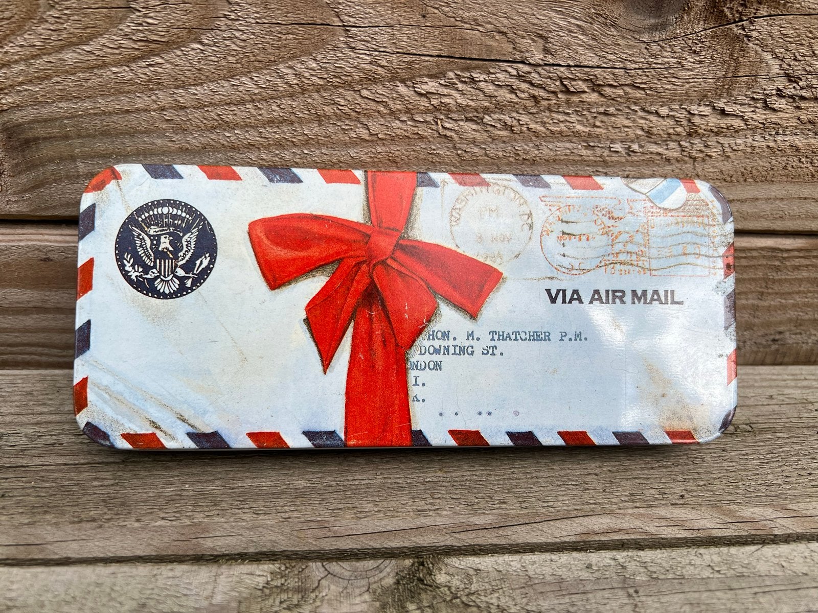 Vintage blikken doos 'Via Air Mail' - Retro opbergblik/ etui, Verzamelen, Ophalen of Verzenden, Gebruikt, Overige, Overige merken