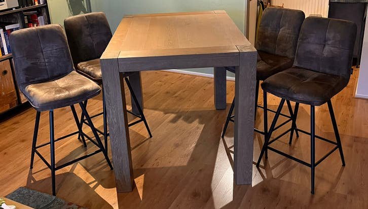 Bartafel / eettafel met stoelen., Ophalen, Gebruikt, 100 tot 150 cm, Eikenhout