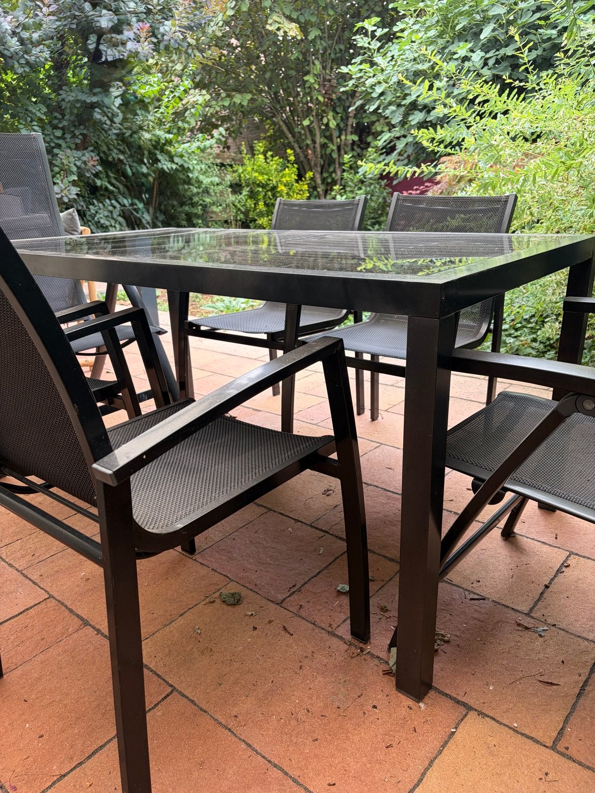 Glazen tuintafel met 6 stoelen (4 vast, 2 verstelbaar), Tuin en Terras, Tuinsets en Loungesets, Ophalen, Overige materialen, Gebruikt