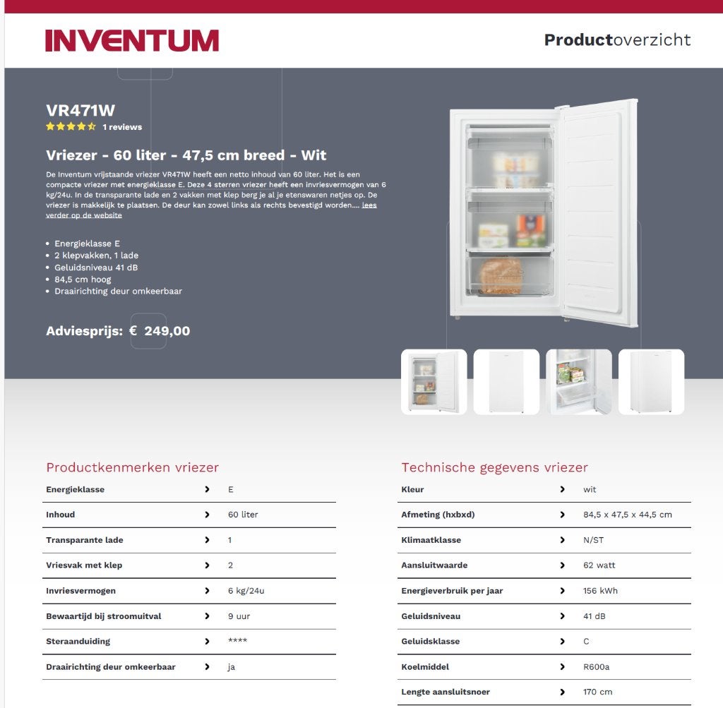 Vriezer Inventum VR471W (3jr oud) tafelmodel, Ophalen, Vrieskist, Minder dan 85 cm, Minder dan 60 cm