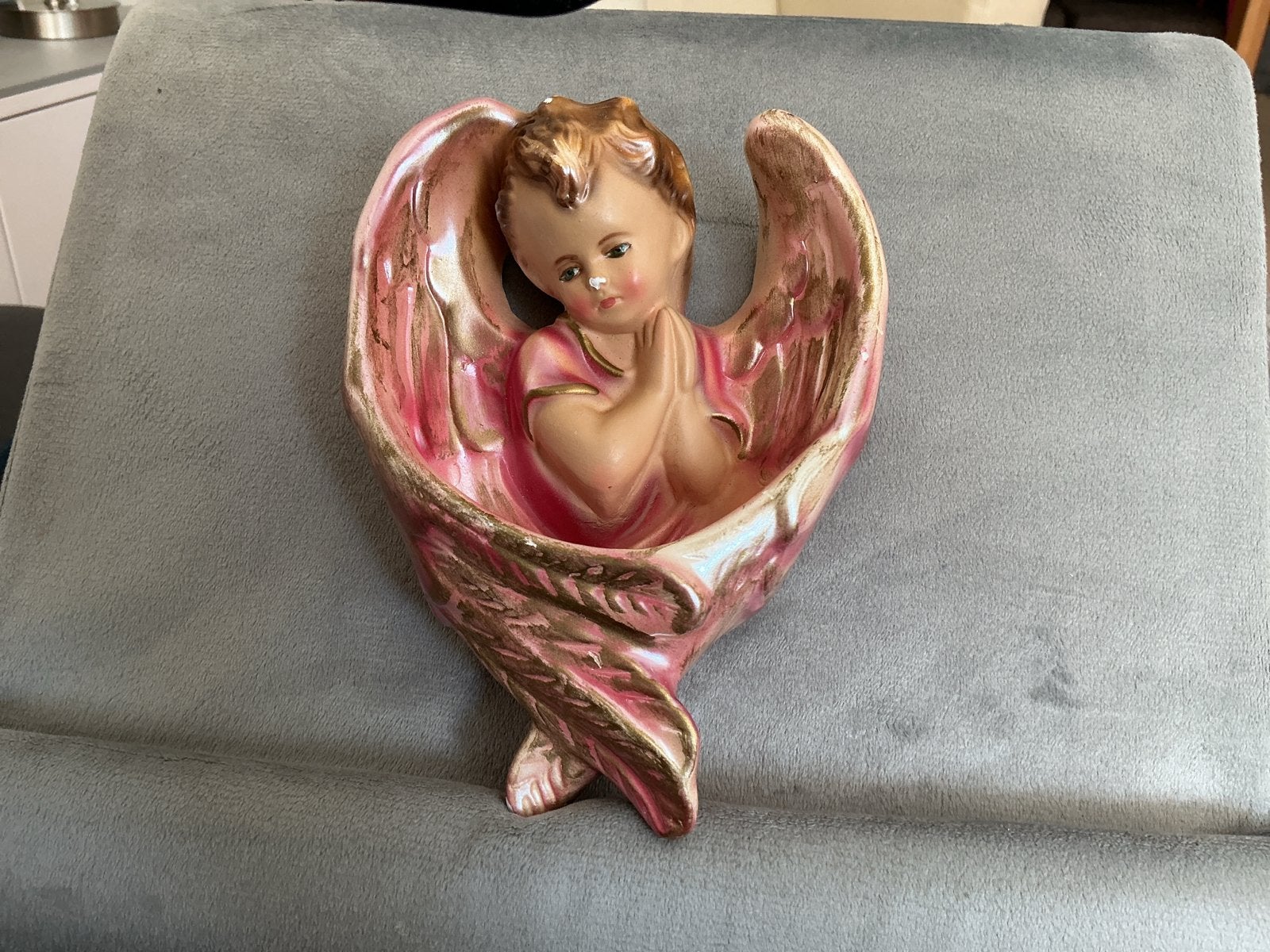 Vintage Roze Engel Wanddecoratie Wijwatervaatje, Ophalen of Verzenden