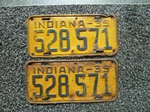 Paar License plates / kentekenplaten Indiana 1939 USA, Verzenden, Gebruikt, Auto's