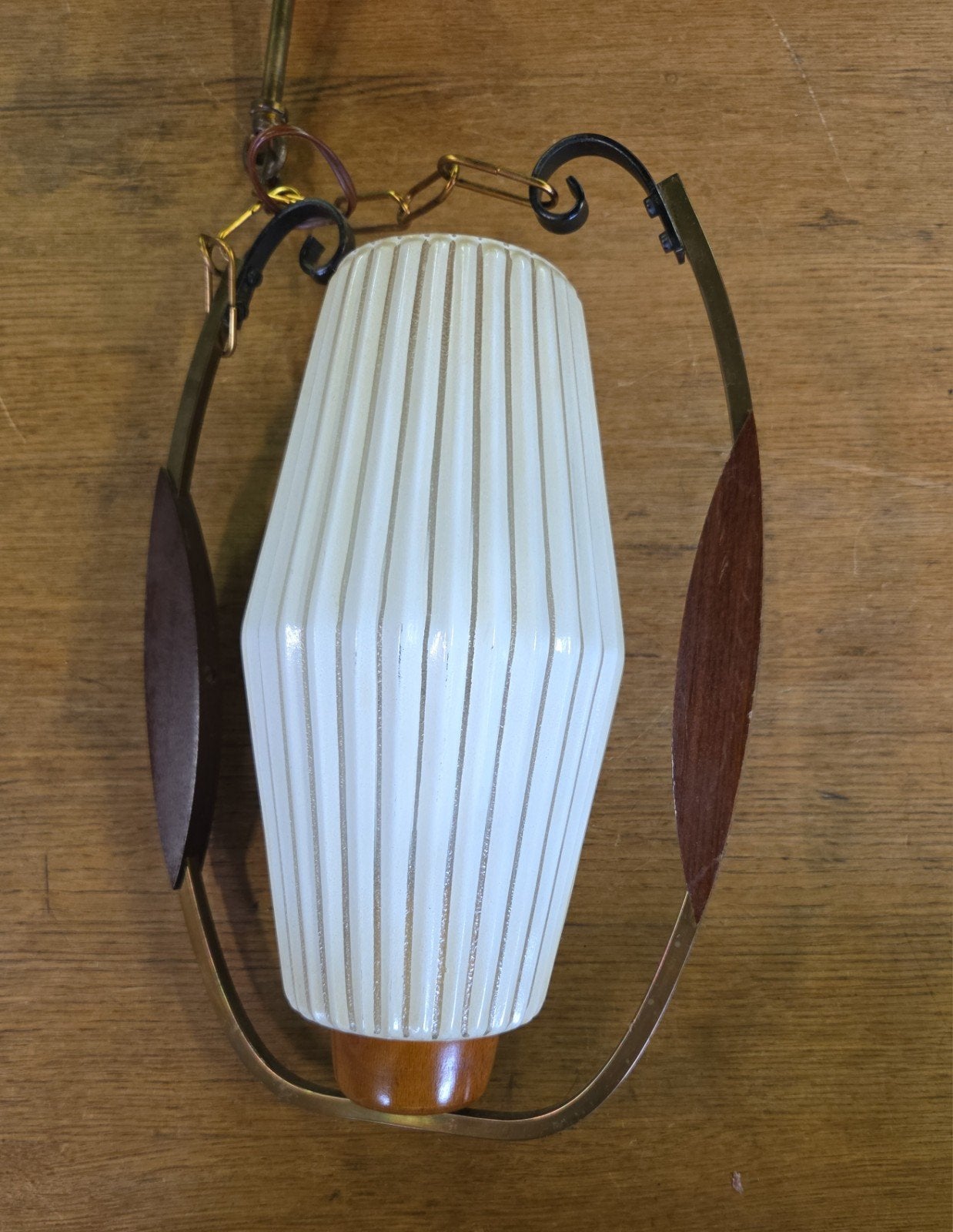 Danish design hanglamp teak messing deens, Gebruikt, Ophalen of Verzenden, Glas, X