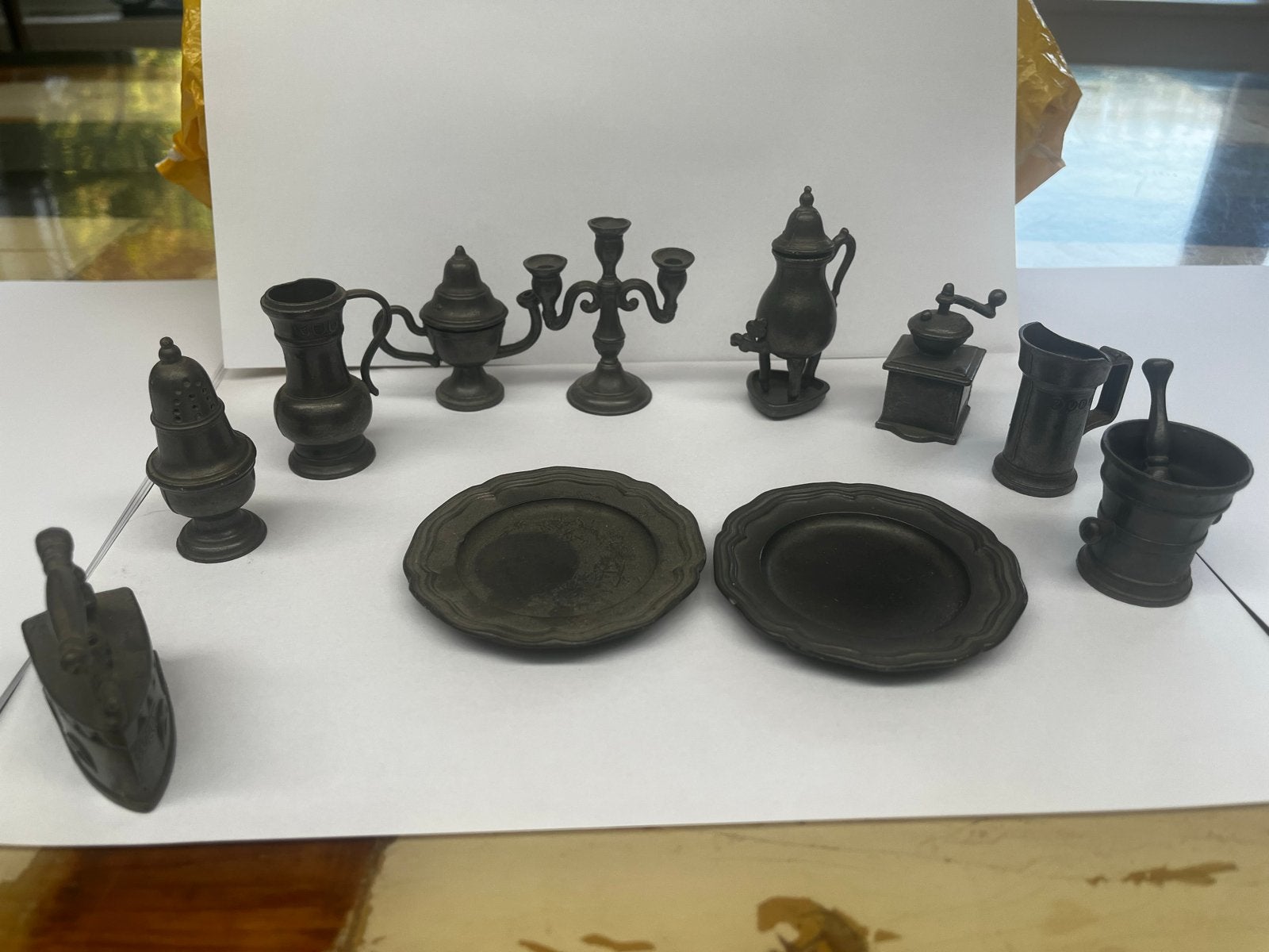 Antieke miniatuur tinnen huishoudelijke artikelen set, Ophalen of Verzenden