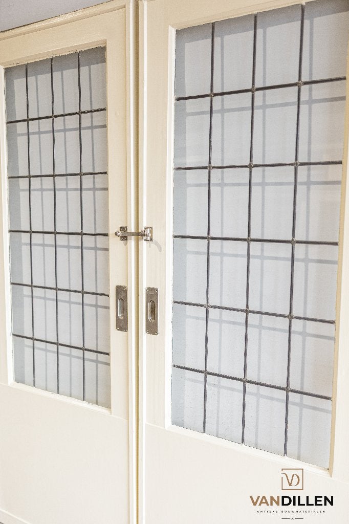 Antieke ensuite schuifdeuren met geblokt glas in lood blank, Gebruikt, 120 cm of meer, Binnendeur, Ophalen of Verzenden