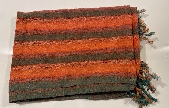 Oranje foulard met bruine strepen, Ophalen of Verzenden, Zo goed als nieuw, Sjaal