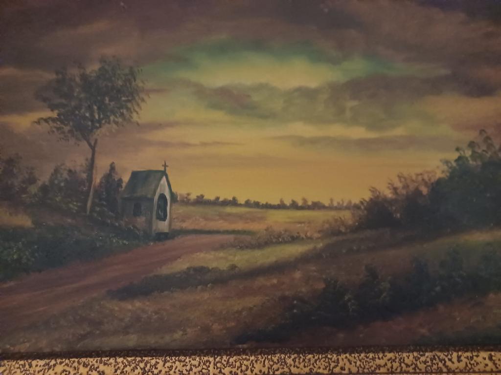 Schilderij met kapelletje en landschap, Antiek en Kunst, Ophalen
