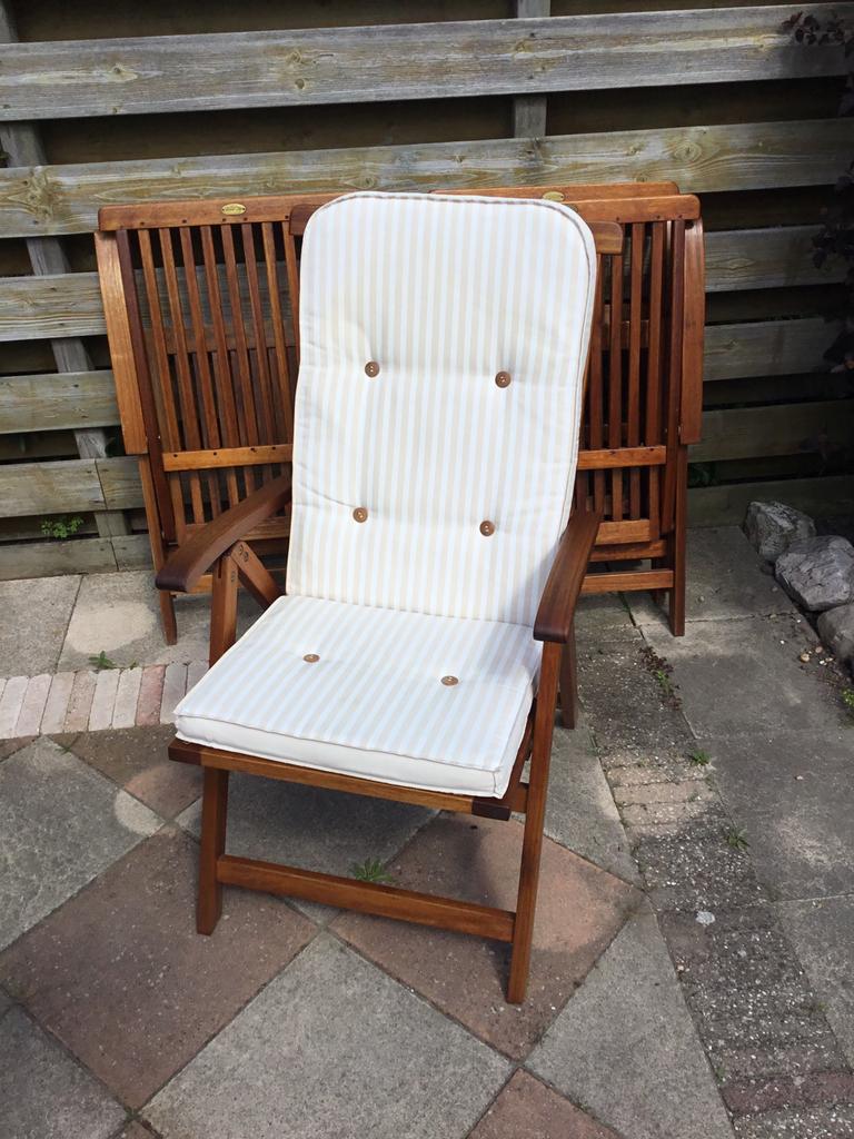 4 Mooie en goed onderhouden stoelen van teakhout met kussens, Tuin en Terras, Tuinstoelen, Ophalen, Gebruikt, Teakhout, Inklapbaar