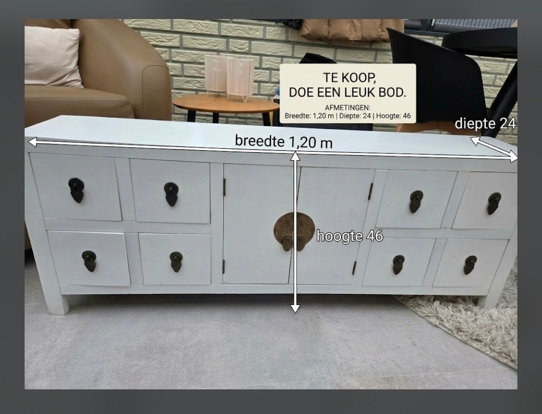 Wit dressoir met Chinese stijl handgrepen, Ophalen, Gebruikt, 100 tot 150 cm, Minder dan 25 cm
