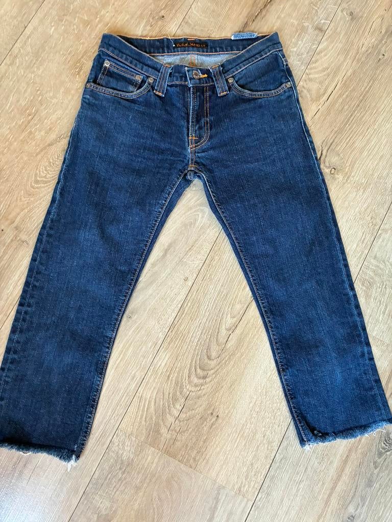 NUDIE JEANS super slim kim pijp 70 cm ( afgeknipt) 28/32, Ophalen of Verzenden, Zo goed als nieuw, Blauw, W32 (confectie 46) of kleiner
