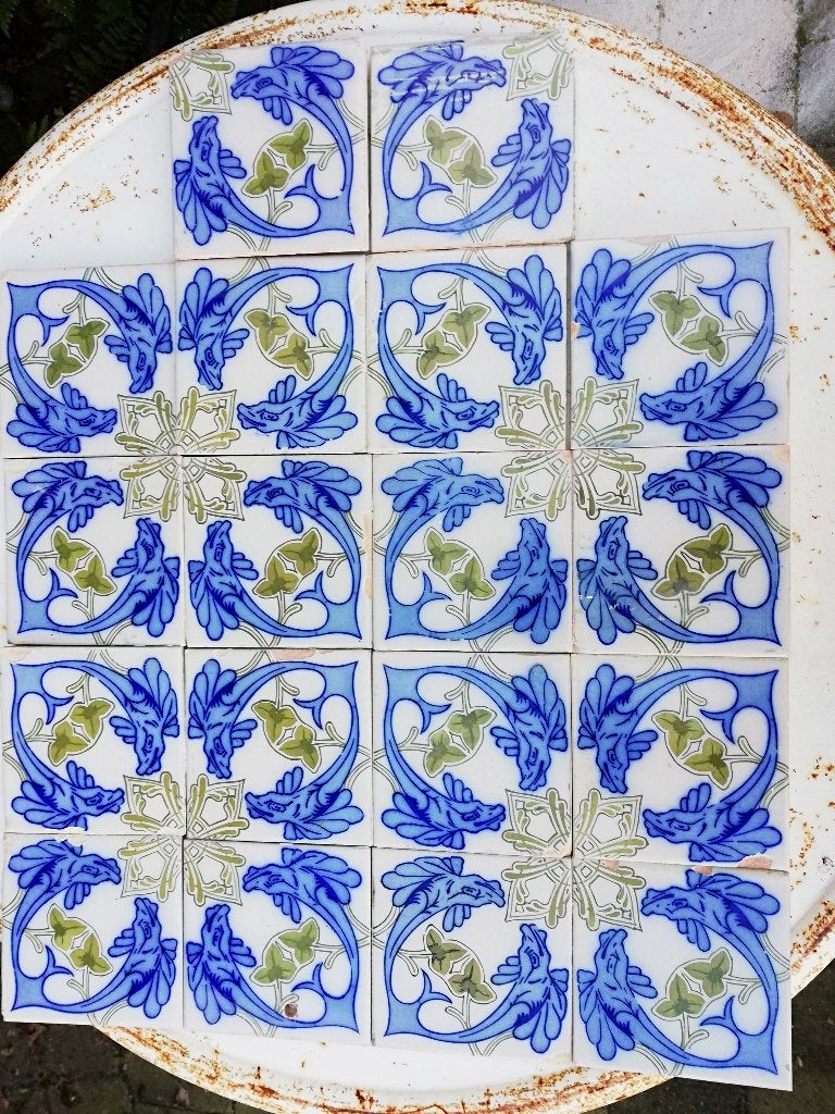 18 bijzondere antieke wandtegels met vissen 15x15cm, Ophalen