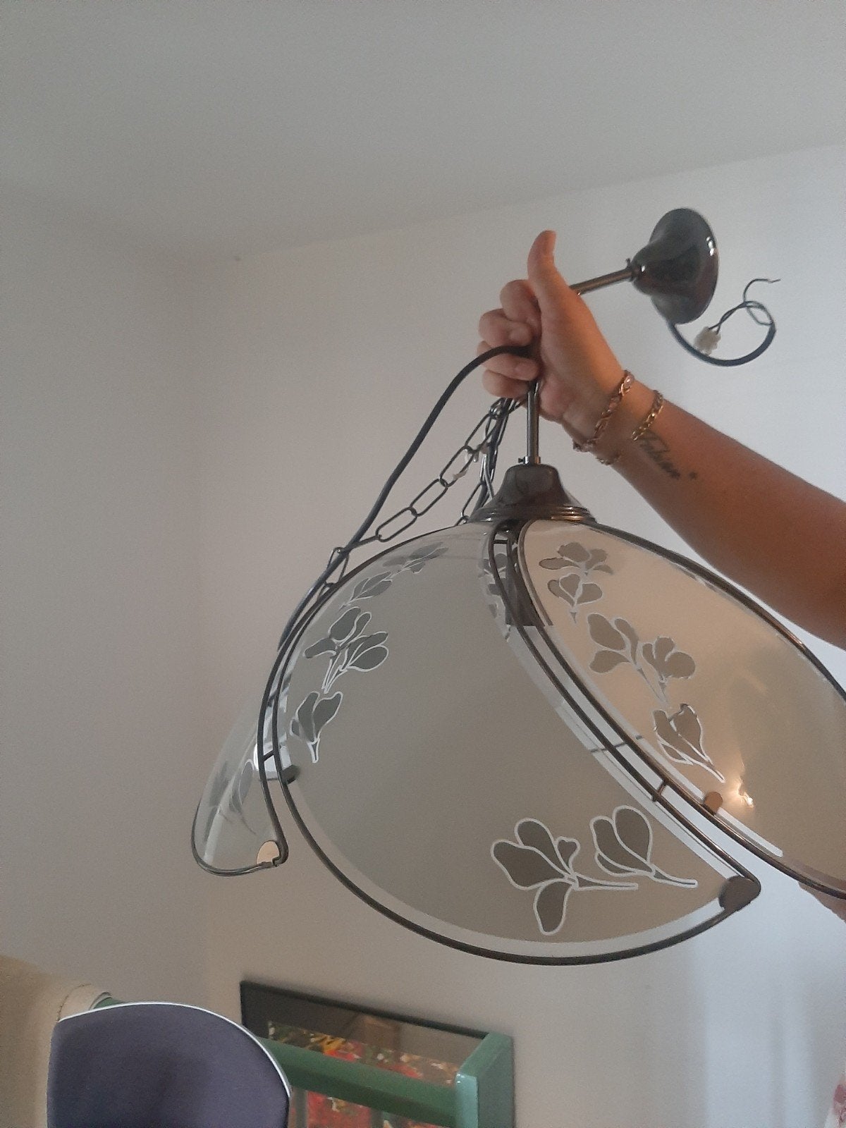 Hanglamp met bloemmotief - Gebruikt, Klassiek, Bloemmotief, Gebruikt, Glas, E27 (groot)