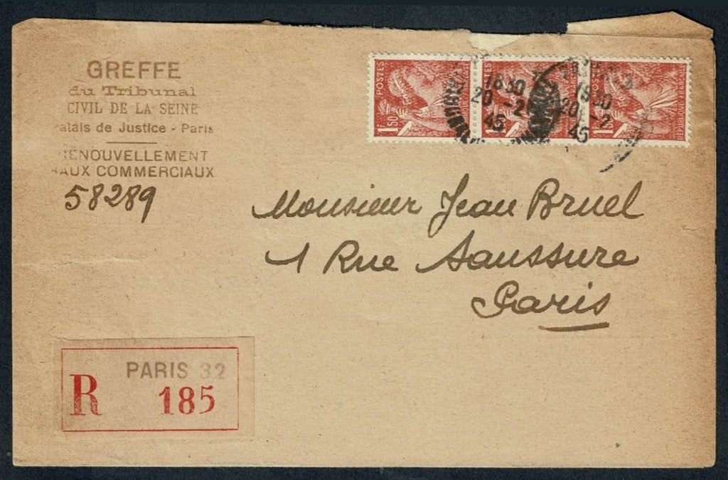 Frankrijk : Greffe du Tribunal - aangetekend - 20.2.1945, Postzegels en Munten, Brieven en Enveloppen | Buitenland, Verzenden