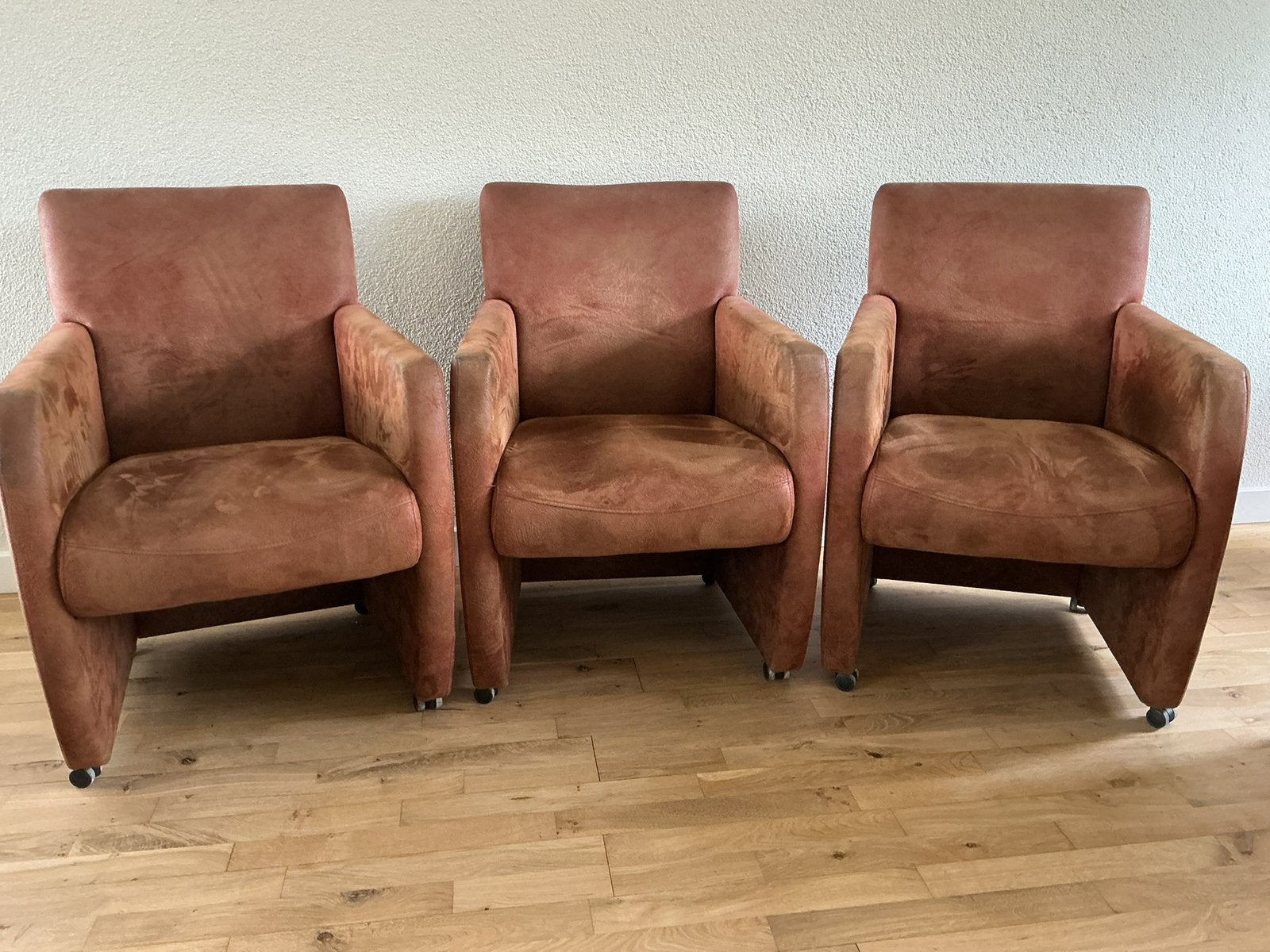 Eetkamer armstoelen, 6 stuks, cognac bruin microleder., Ophalen, Gebruikt, Bruin