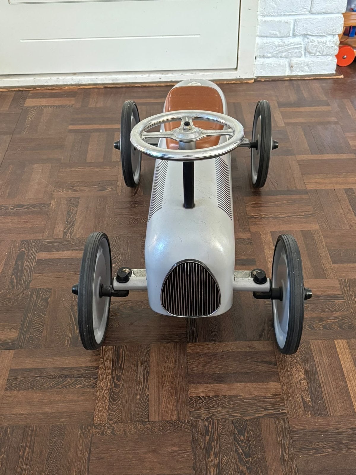Retro Trapauto Raceauto Zilver met Nummer 1, Ophalen of Verzenden, Zo goed als nieuw, Trapvoertuig